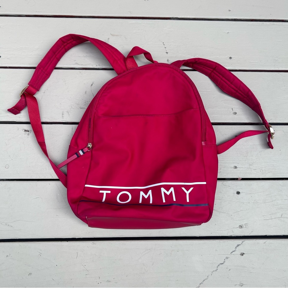 Tommy Hilfiger Red Nylon Backpack Leather Bottom White Logo Gold Accents Used